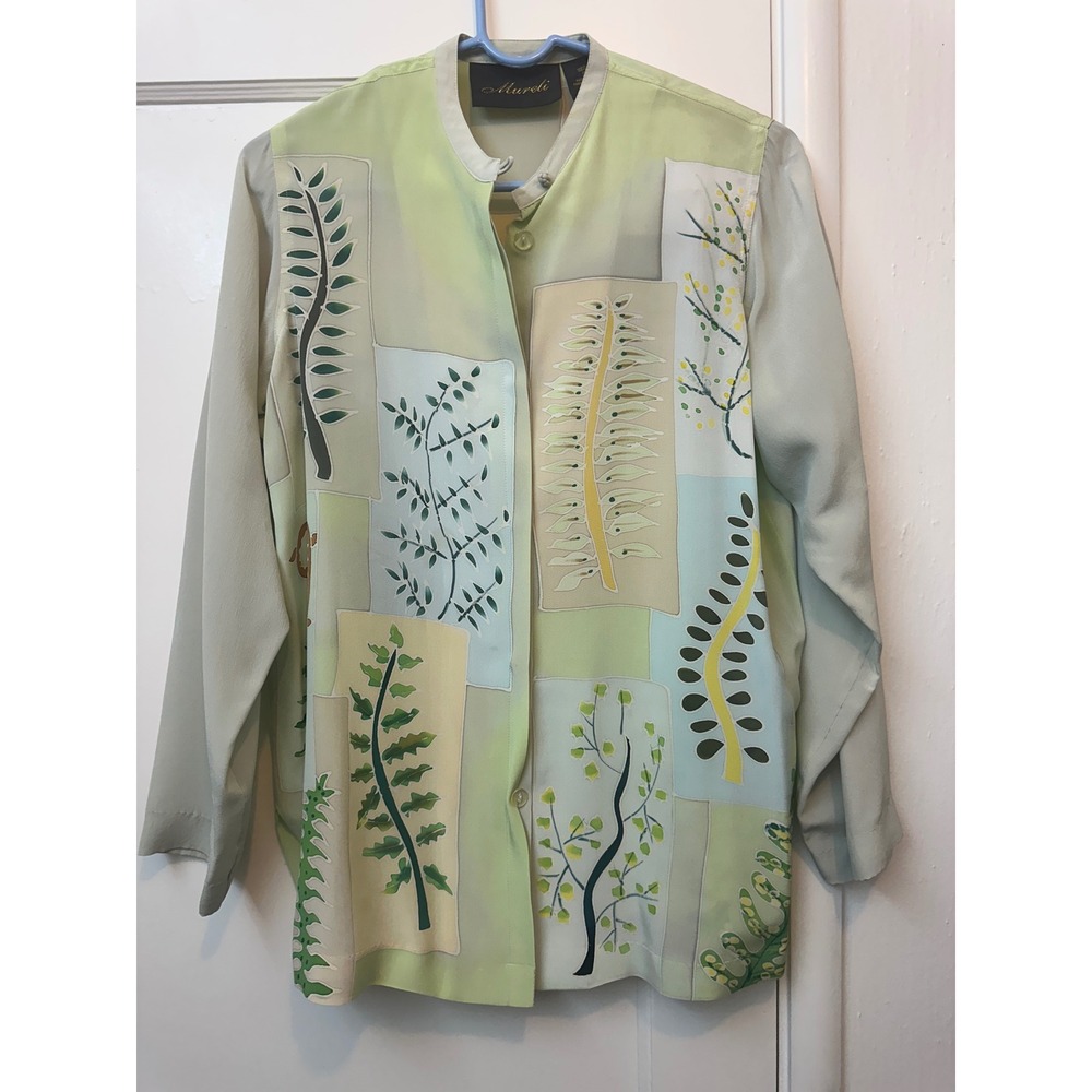 Mureli Women Silk Botanical Patchwork Blouse Sage Green Mandarin Collar Small